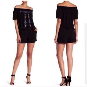 Parker Black Embroidered Off-the-Shoulder Romper Size Medium
